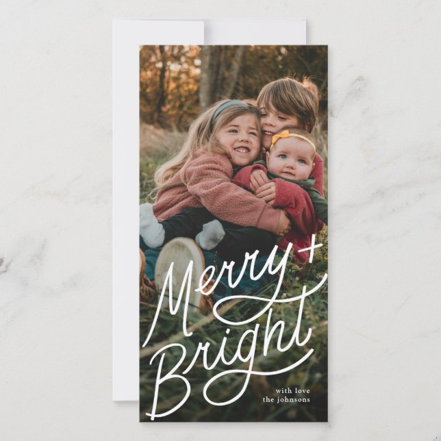 Merry and Bright Hand Lettering Tall Photo Julkort (Framsida)