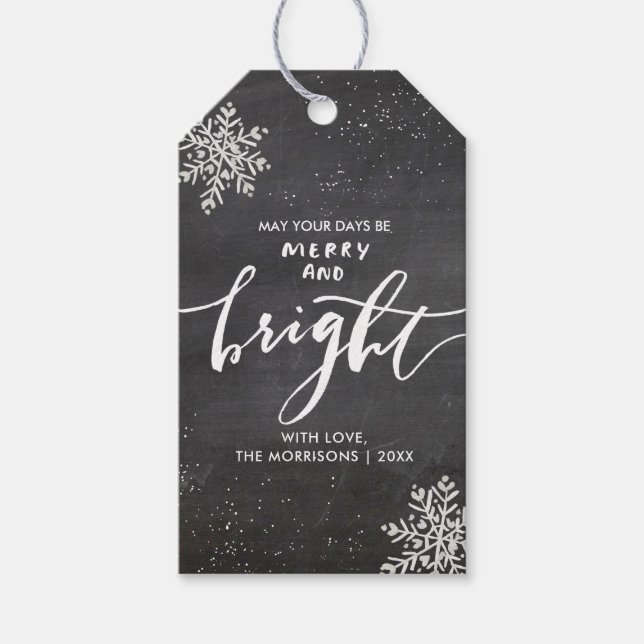Merry and Bright jul Snowflake Chalkboard Presentetikett (Framsidan)