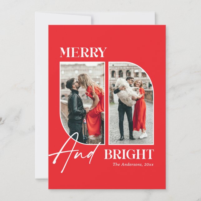 Merry and Bright | Modern Red Christmas Photo Julkort (Framsida)