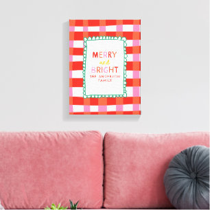 Merry and Bright Personlig Gingham Red & Rosa Canvastryck
