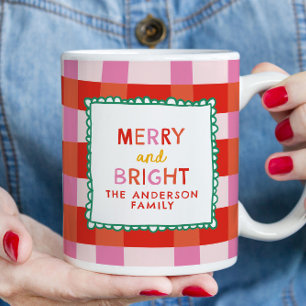 Merry and Bright Personlig Gingham Red & Rosa Mugg
