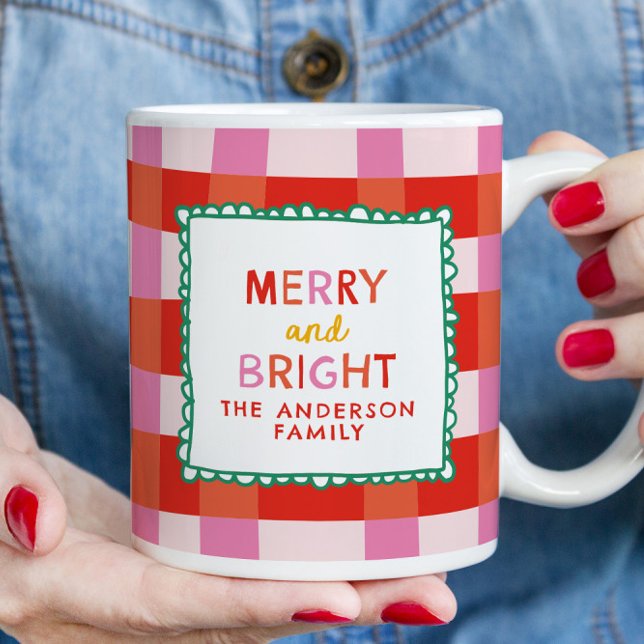 Merry and Bright Personlig Gingham Red & Rosa Mugg (Skapare uppladdad)