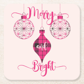 Merry and Bright Pink Plaid Ornament Underlägg Papper Kvadrat