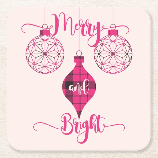 Merry and Bright Pink Plaid Ornament Underlägg Papper Kvadrat (Framsidan)