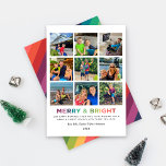 Merry and Bright Rainbow Photo Collage 2024 Julkort<br><div class="desc">Modern och färglös kollage stil Julhälsningar nio (9) fyrkantiga fotoblanksteg - perfekt för Instagram bilder, "Merry & Bright"-text i fet regnbåge färg, anpassningsbar svart text som kan vara personlig och en mönster diagonal regnbåge rand på kortets baksida. Fototips: klicka på "Ändra" om du vill ersätta standardfotot med fotot. Foton kan...</div>