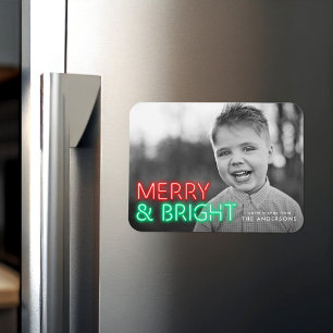 Merry and Bright Red & Grönt Neon Helgdag Photo Magnet