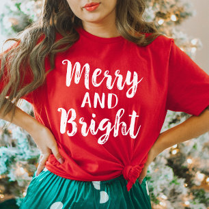 Merry and Bright Red Modern Script Womens Holiday T Shirt