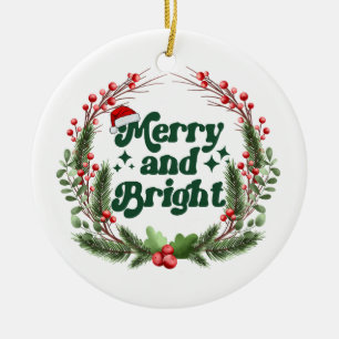Merry and Bright Red White Grönt Cute Jul Julgransprydnad Keramik
