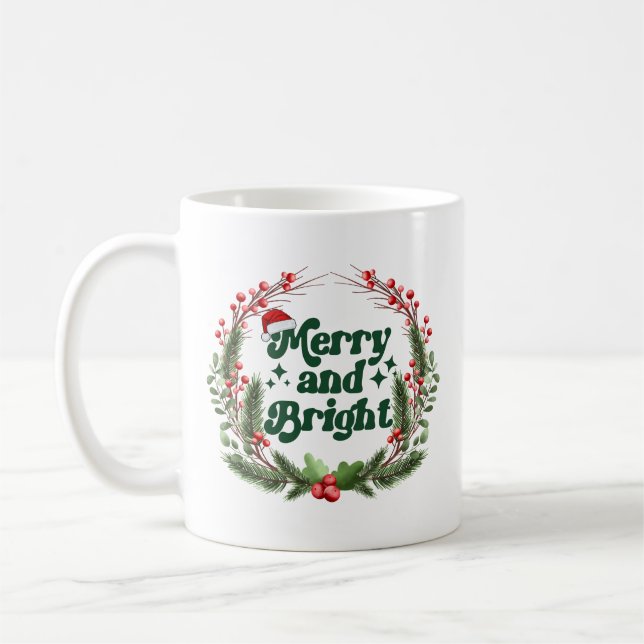 Merry and Bright Red White Grönt Cute Jul Kaffemugg (Vänster)