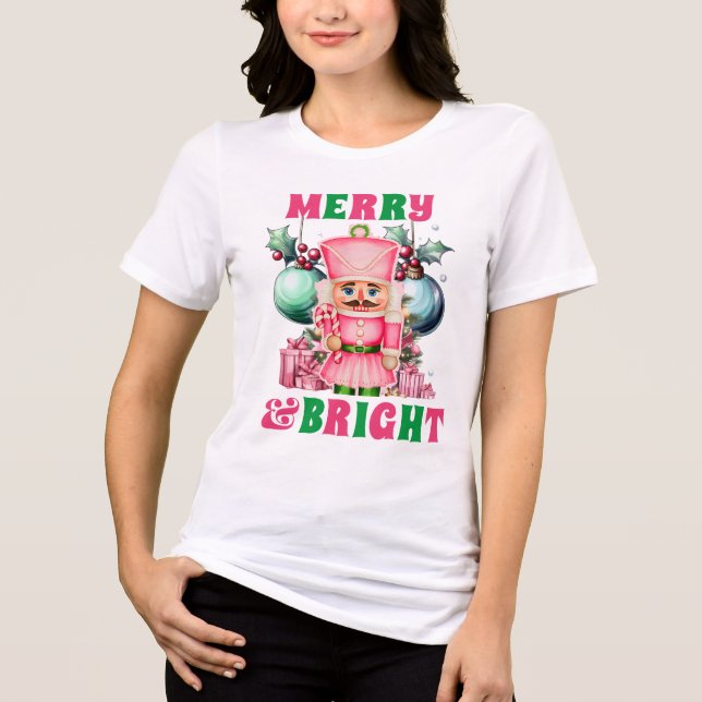 Merry and Bright Rosa God Jul Nutcracker T Shirt (Framsida)