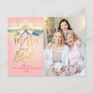 Merry and Bright Rosa Guld Ribbon Hälsning Photo Helg Vykort