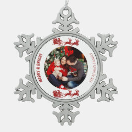Merry and Bright Santa Sleigh Christmas Photo Snöflinga Pewter Julgransprydnad