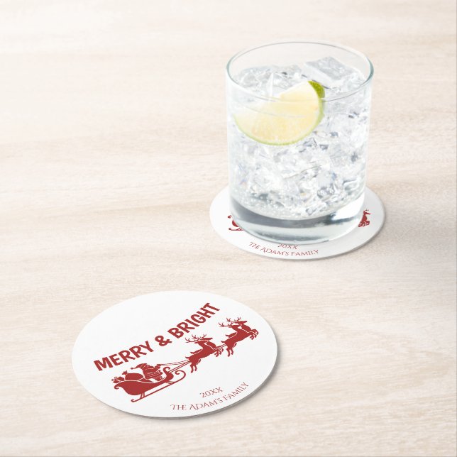 Merry and Bright Santa Sleigh Christmas  Underlägg Papper Rund (Insitu)