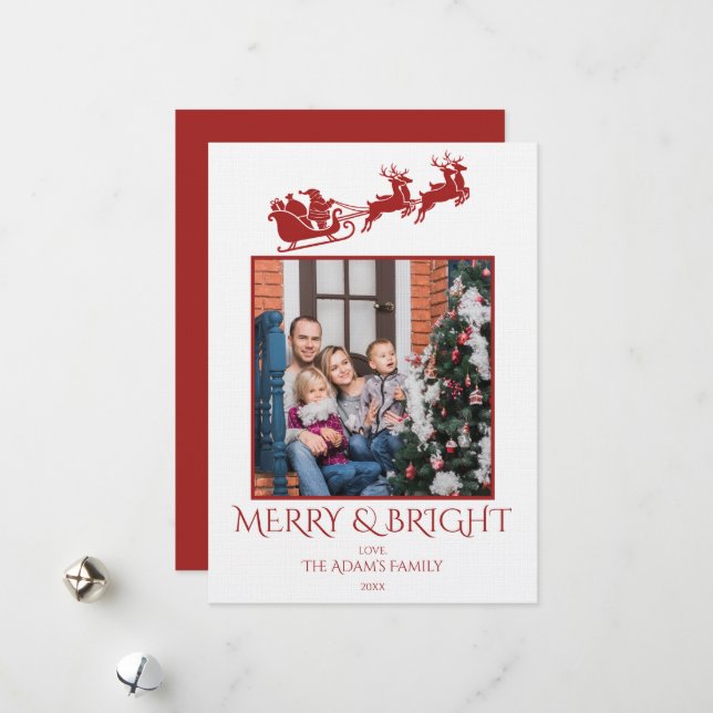 Merry and Bright Santa Sleigh Family 2 Photo  Julkort (Fram/Back In Situ)