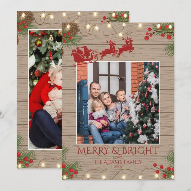 Merry and Bright Santa Sleigh Family 2 Photo  Julkort (Fram/baksida)