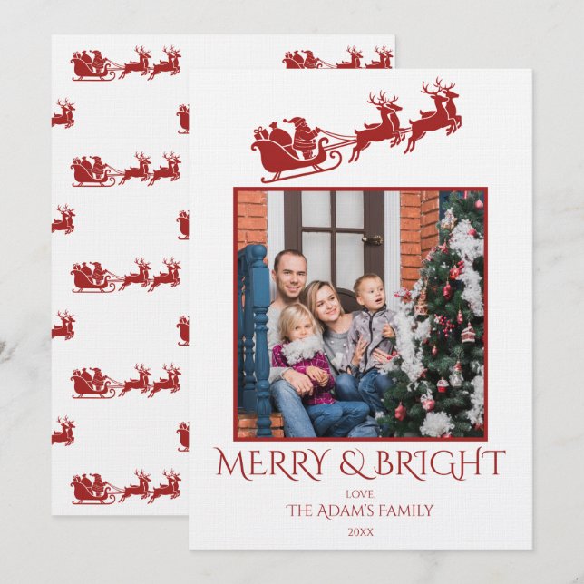 Merry and Bright Santa Sleigh Family Photo  Julkort (Fram/baksida)