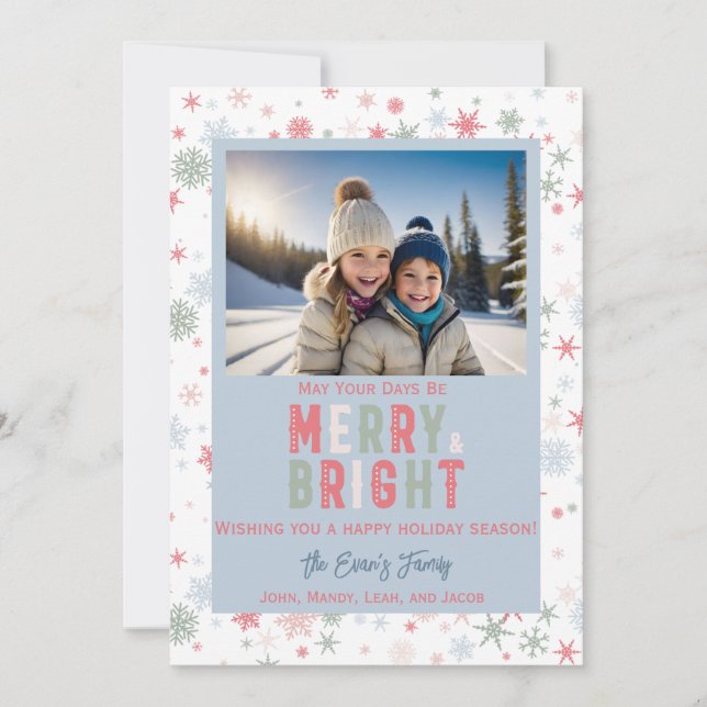 "Merry and Bright" Snowflake Anpassningsbar Photo Julkort (Framsida)