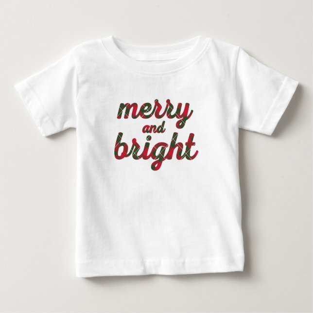 Merry and Bright - söt röd grönt-tartan-skript T Shirt (Framsida)