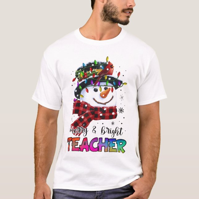 Merry And Bright Teacher Snowman Christmas Light T Shirt (Framsida)
