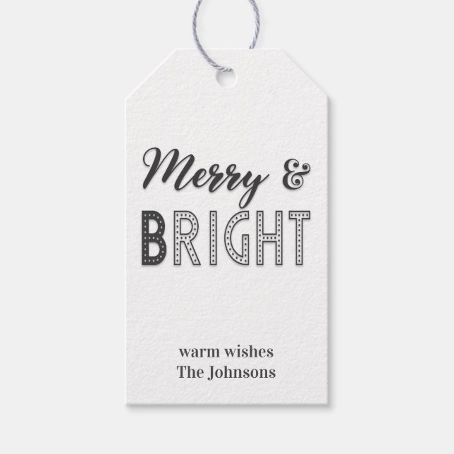 Merry and Bright Typography Black White jul Presentetikett (Framsidan)