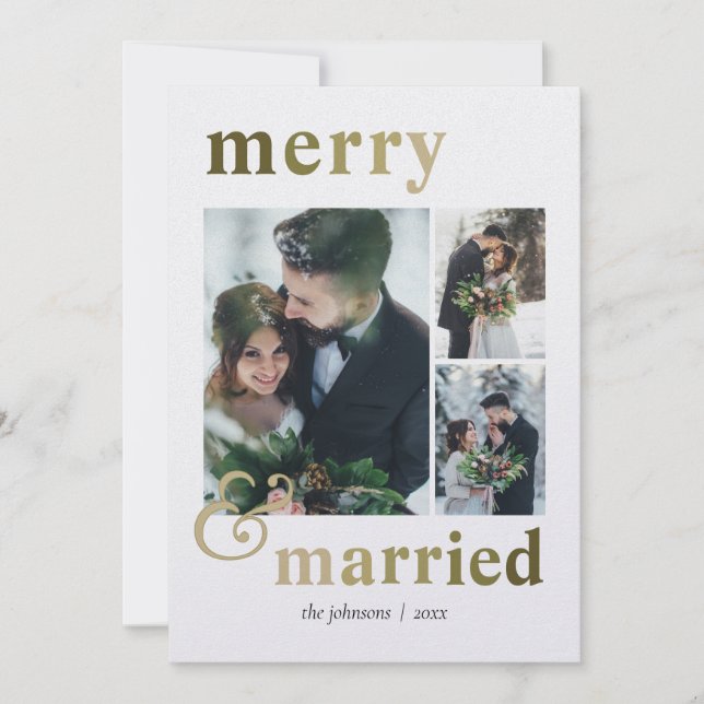 Merry and Married 4 Photo Collage Winter Christmas Julkort (Framsida)