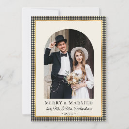 Merry and Married Arch Photo Black Gold Plaid  Julkort