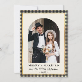 Merry and Married Arch Photo Black Gold Plaid  Julkort