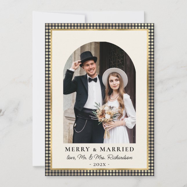 Merry and Married Arch Photo Black Gold Plaid  Julkort (Framsida)