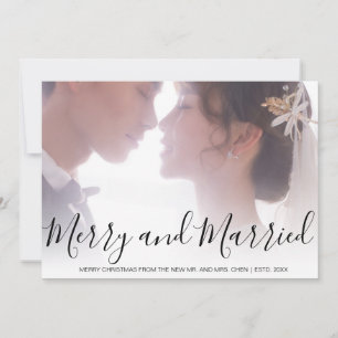 Merry and Married Black and White Newlyed Elegant Julkort