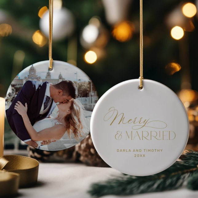 Merry and Married Gold Christmas  Julgransprydnad Keramik (Skapare uppladdad)
