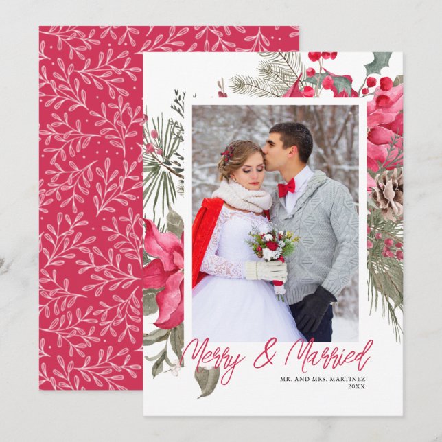 Merry and Married jul Photo Red Poinsettia Julkort (Fram/baksida)