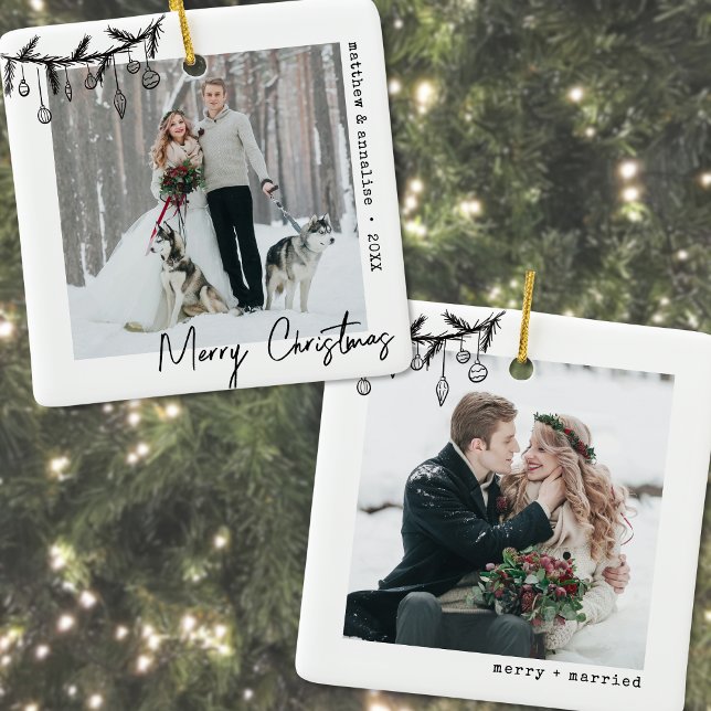 Merry And Married Minimalist Skrivmaskin Foto Julgransprydnad Keramik (Merry And Married Minimalist Typewriter Photo Ceramic Ornament)