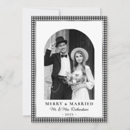 Merry and Married Newlywed Photo Black White Plaid Julkort