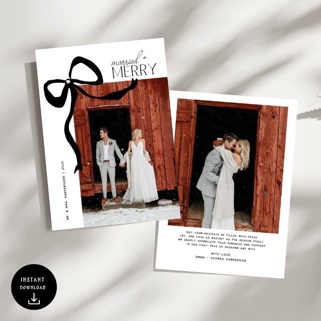 Merry and Married Script Photo Christmas Bow Julkort (Skapare uppladdad)