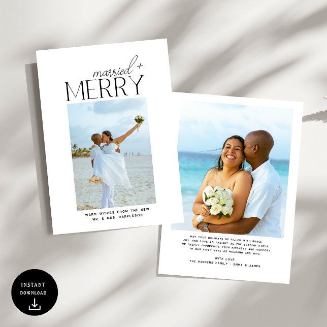 Merry and Married Script Photo Christmas Newlyweds Julkort (Skapare uppladdad)