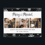 Merry and Married Snowflake Black Photo Collage Helg Vykort<br><div class="desc">Svart nytt fotovykort med helgdag som innehåller snöflingor,  en fotokollage och en söt kalligrafi hälsning. Anpassa enkelt det här visitiva helgdag-vykortet med dina foton och din text.</div>