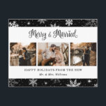 Merry and Married Snowflake Black Photo Collage Helg Vykort<br><div class="desc">Svart nytt fotovykort med helgdag som innehåller snöflingor,  en fotokollage och en söt kalligrafi hälsning. Anpassa enkelt det här visitiva helgdag-vykortet med dina foton och din text.</div>