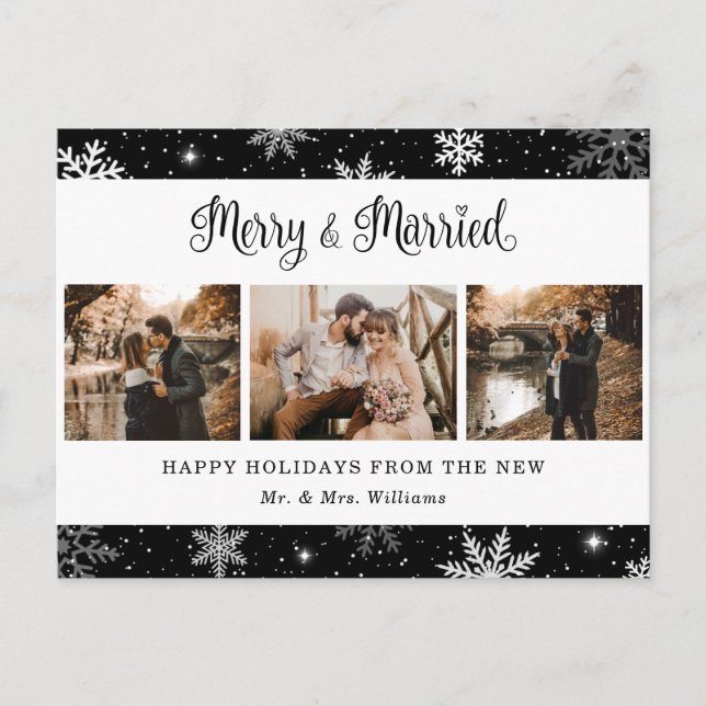 Merry and Married Snowflake Black Photo Collage Helg Vykort (Framsida)