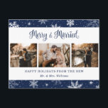 Merry and Married Snowflake Blue Photo Collage Helg Vykort<br><div class="desc">Blått nytt fotovykort med helgdag som innehåller snöflingor,  en fotokollage och en söt kalligrafi hälsning. Anpassa enkelt det här visitiva helgdag-vykortet med dina foton och din text.</div>