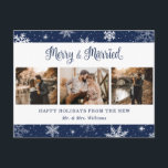 Merry and Married Snowflake Blue Photo Collage Helg Vykort<br><div class="desc">Blått nytt fotovykort med helgdag som innehåller snöflingor,  en fotokollage och en söt kalligrafi hälsning. Anpassa enkelt det här visitiva helgdag-vykortet med dina foton och din text.</div>