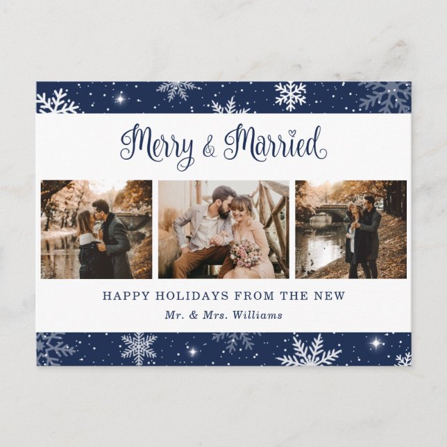 Merry and Married Snowflake Blue Photo Collage Helg Vykort (Framsida)