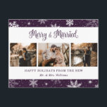 Merry and Married Snowflake Lila Photo Collage Helg Vykort<br><div class="desc">Lila nyligen använt vykort för foto med helgdag som innehåller snöflingor,  en fotokollage och ett sött calligraphy hälsning. Anpassa enkelt det här visitiva helgdag-vykortet med dina foton och din text.</div>