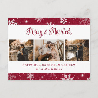 Merry and Married Snowflake Red Photo Collage Helg Vykort