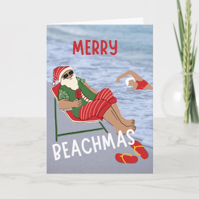 Merry Beachmas Santa på Beach-julen Kort (Framsida)
