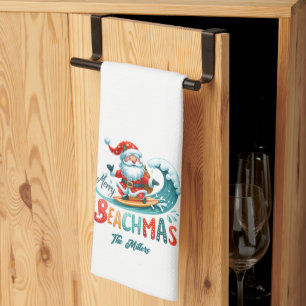 Merry Beachmas Santa Surfing Retro Design Kökshandduk