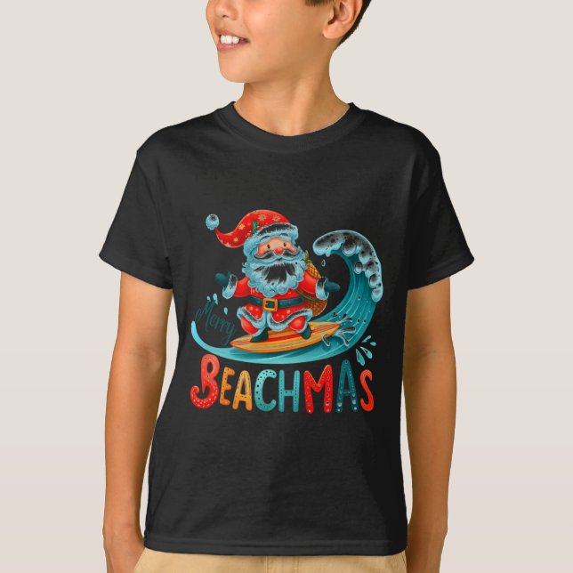 Merry Beachmas Santa Surfing Retro Design  T Shirt (Framsida)