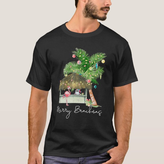 Merry Beachmas Tropical Santa Flamingo H T Shirt (Framsida)