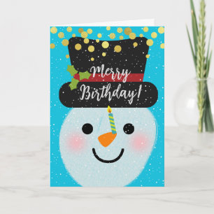 Merry Birthday Cute Snögubbe in Winter Kort