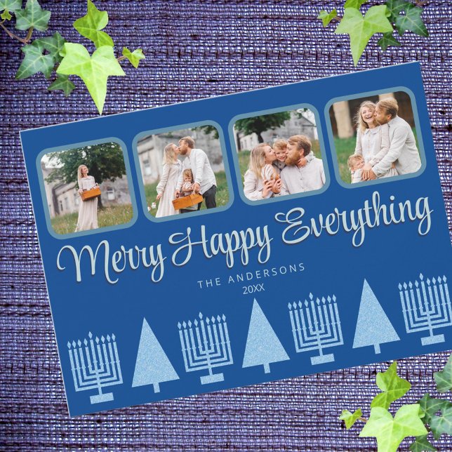 Merry Blue Interreligiah Menorah Träd Cute 4 Photo Julkort (Add your photos to these fun Merry Happy Everything cards, perfect for interfaith couples)