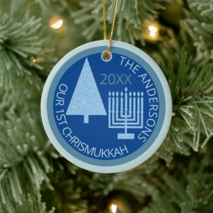 Merry Blue Interreligions Cute 1st Chrismukkah Pho Julgransprydnad Keramik